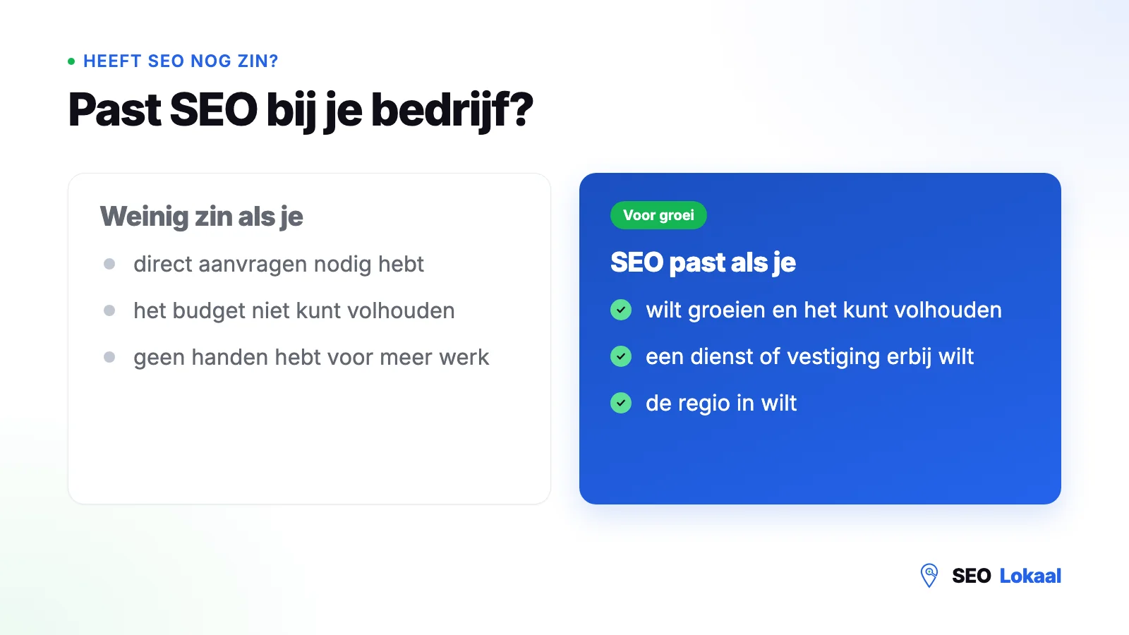 Twee kolommen: wanneer SEO past bij een bedrijf met een vaste plek, en wanneer het weinig zin heeft.