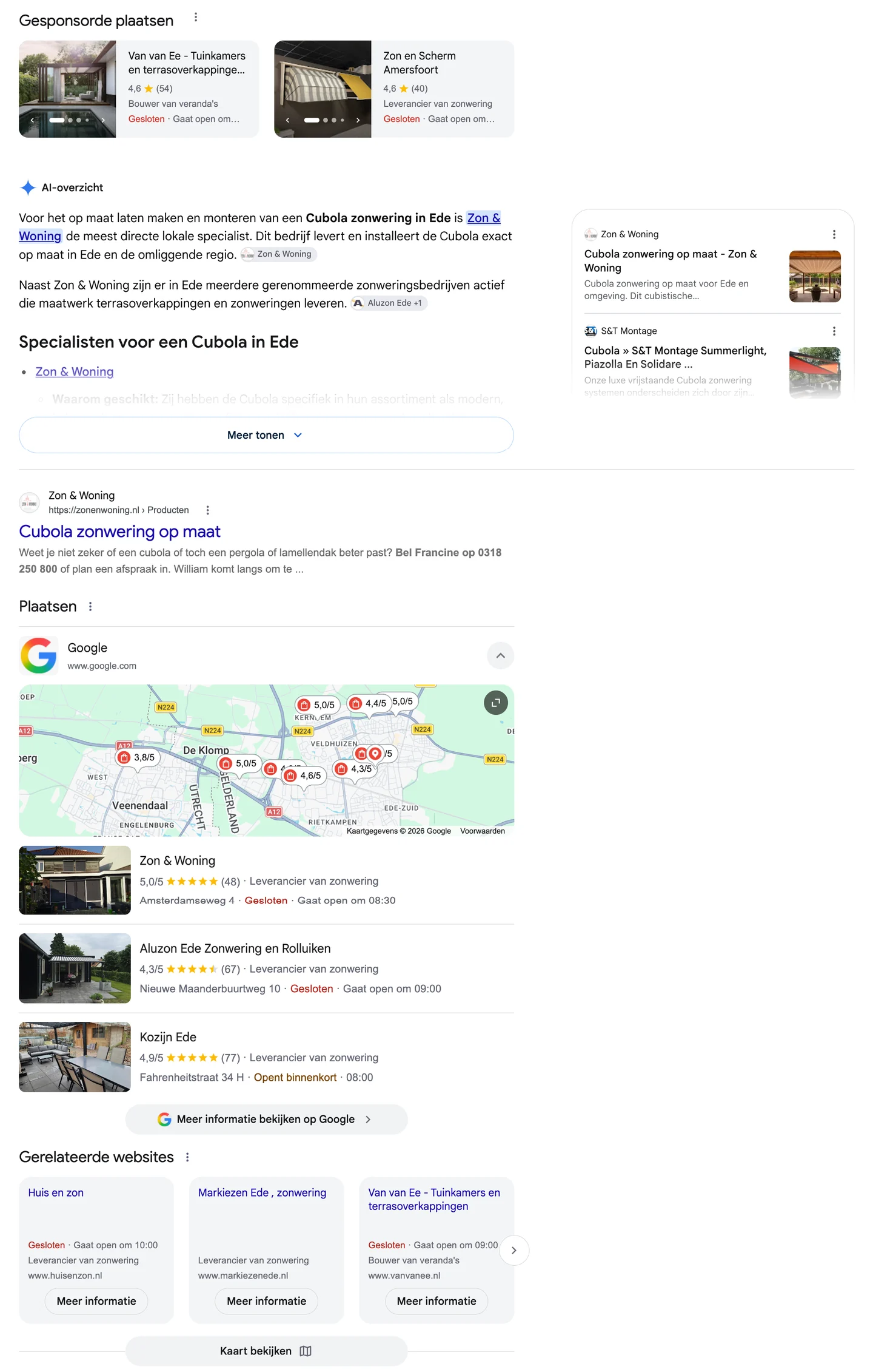 Zoekresultaten van Google voor cubola laten maken in Ede, met gesponsorde plaatsen, een AI-overzicht, het kaartpakket en gerelateerde websites boven de organische resultaten.