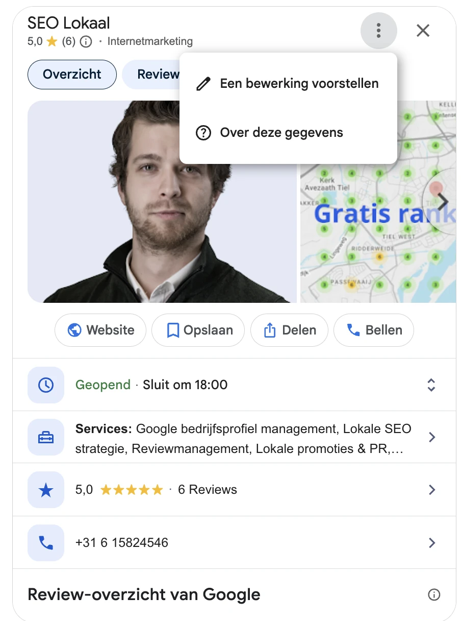 Het menu met de drie puntjes bij het profiel van SEO Lokaal in Google Zoeken, met de optie Een bewerking voorstellen