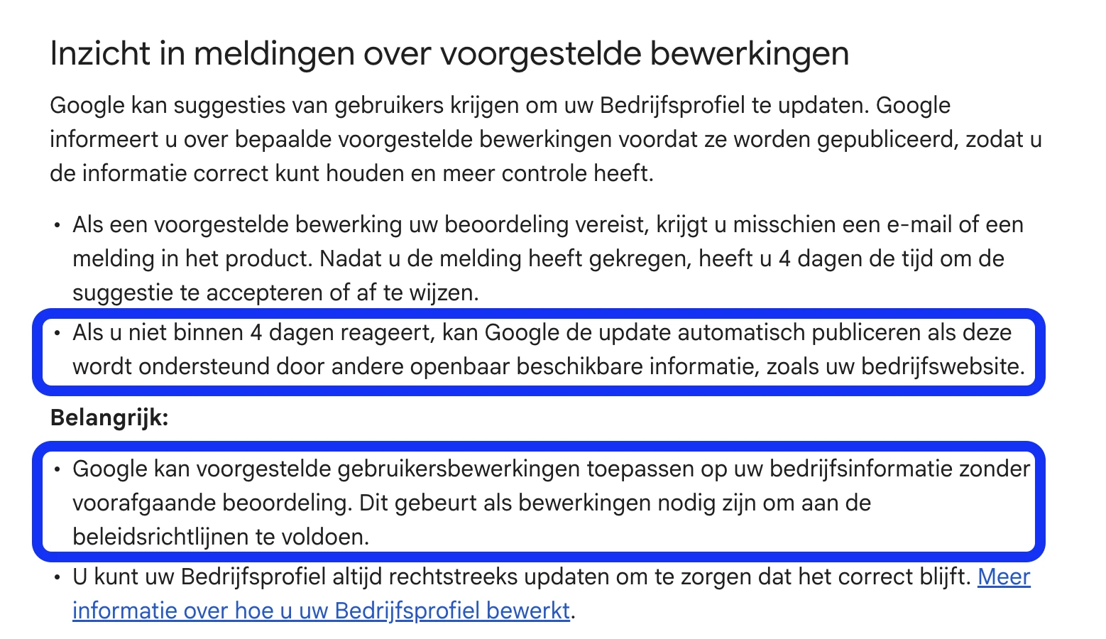 De Nederlandse helppagina van Google over voorgestelde bewerkingen, met de regel van 4 dagen en de regel over de beleidsrichtlijnen gemarkeerd
