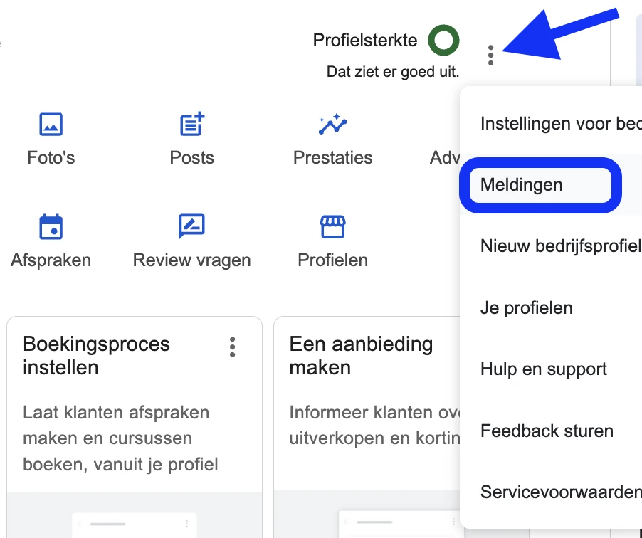 Het menu met de drie puntjes in een Google-bedrijfsprofiel, met de optie Meldingen gemarkeerd