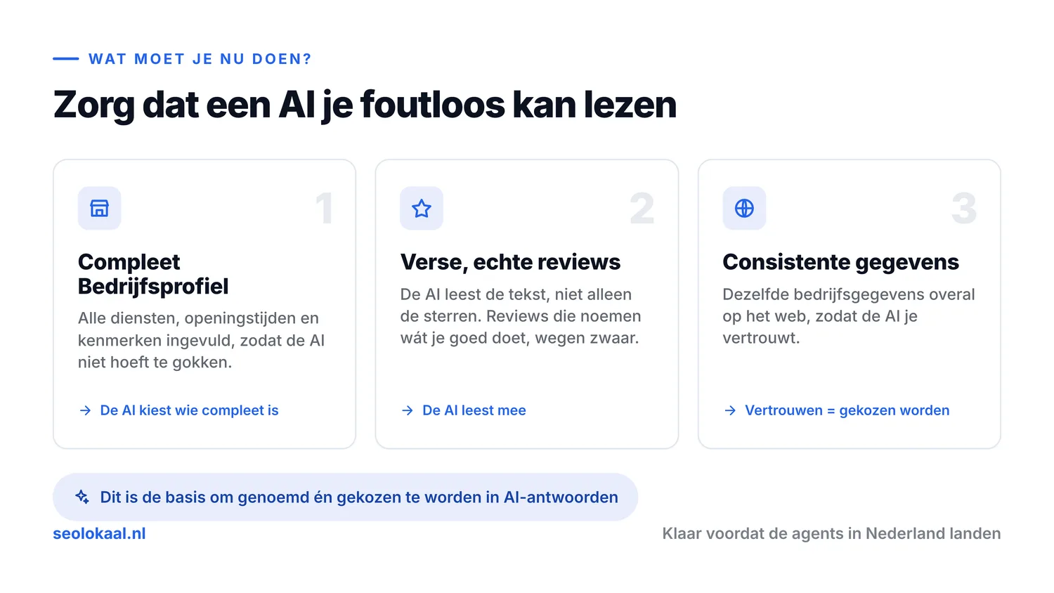 Wat je nu moet doen om klaar te zijn voor AI-agents: een compleet Google Bedrijfsprofiel, verse echte reviews en consistente bedrijfsgegevens op het web.