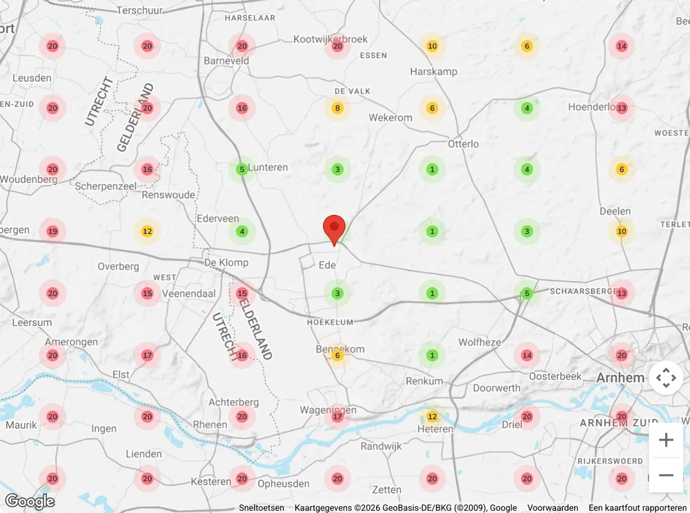 Local Grid Scan voor een bedrijf in Ede zonder optimalisatie: lage posities in de regio
