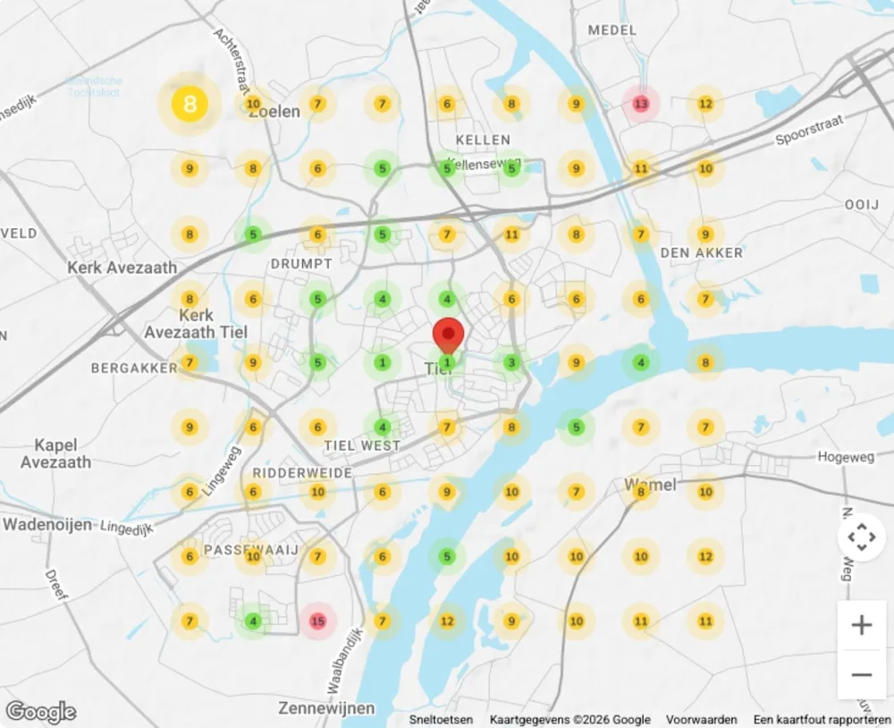 Local Grid Scan voor een bedrijf in Tiel zonder optimalisatie: lage posities in de regio
