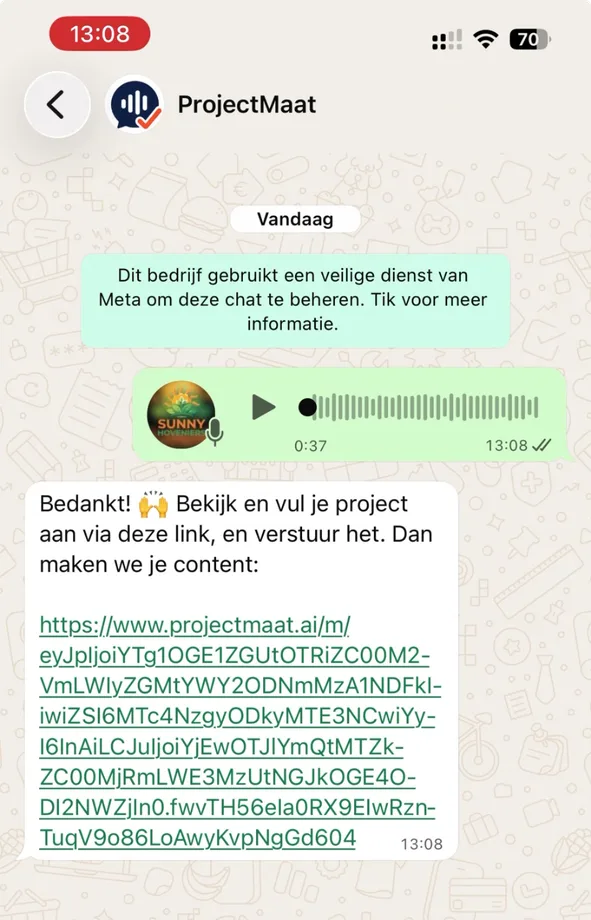 ProjectMaat in WhatsApp: een voicememo van een klus wordt content voor je Google Bedrijfsprofiel en website, met een herinnering voor een review