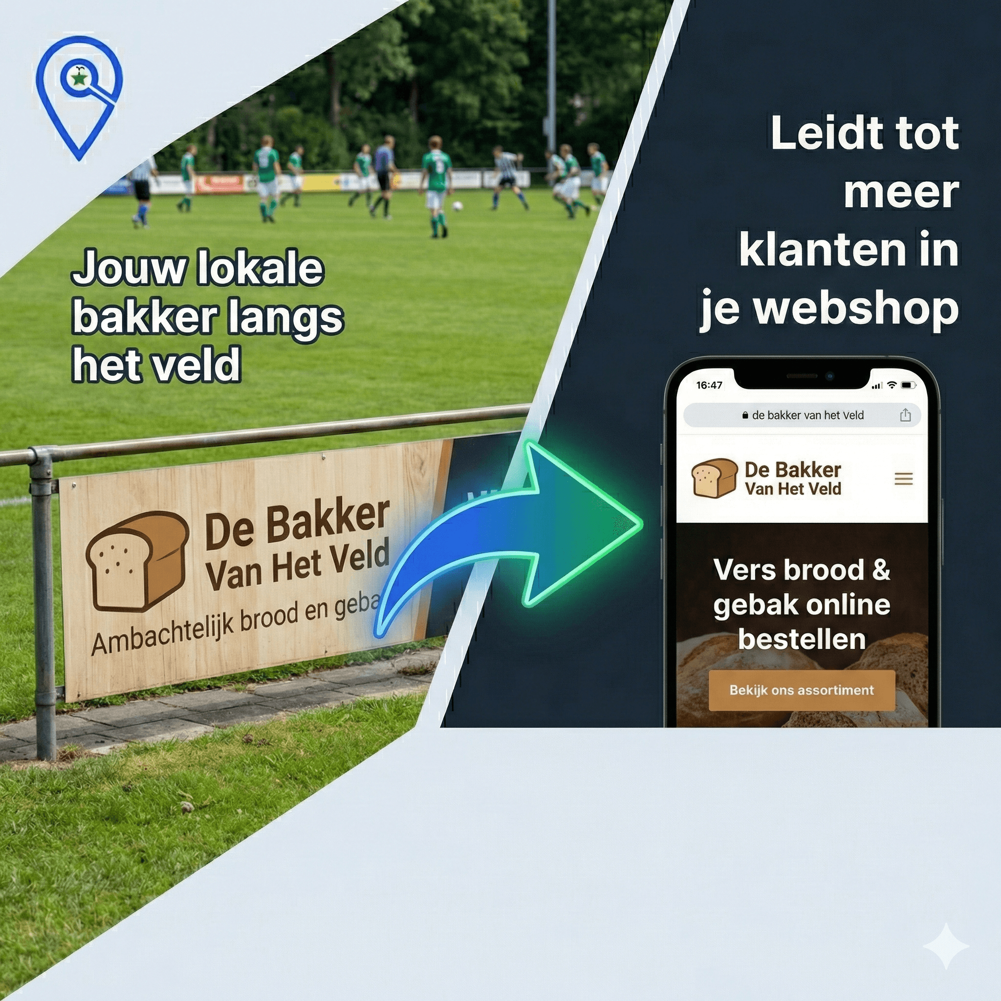 Een foto van een lokaal sponsorbord langs een sportveld, waarbij een grafische pijl wijst naar een smartphone waarop de website van dat bedrijf staat.