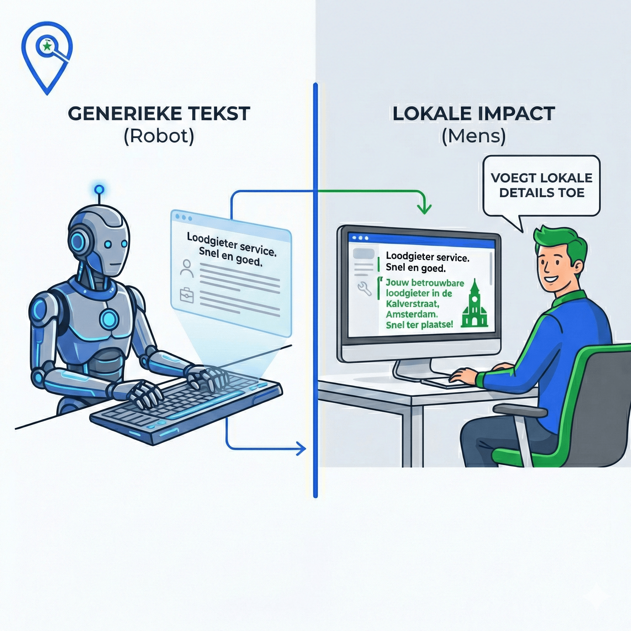 Links een robot die 'platte' tekst typt, rechts een menselijke specialist die de tekst redigeert met lokale details