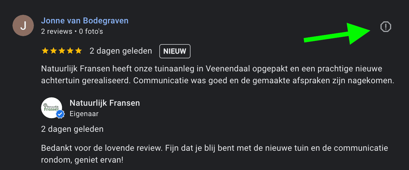 Knop om Google review te melden bij je Google Bedrijfsprofiel
