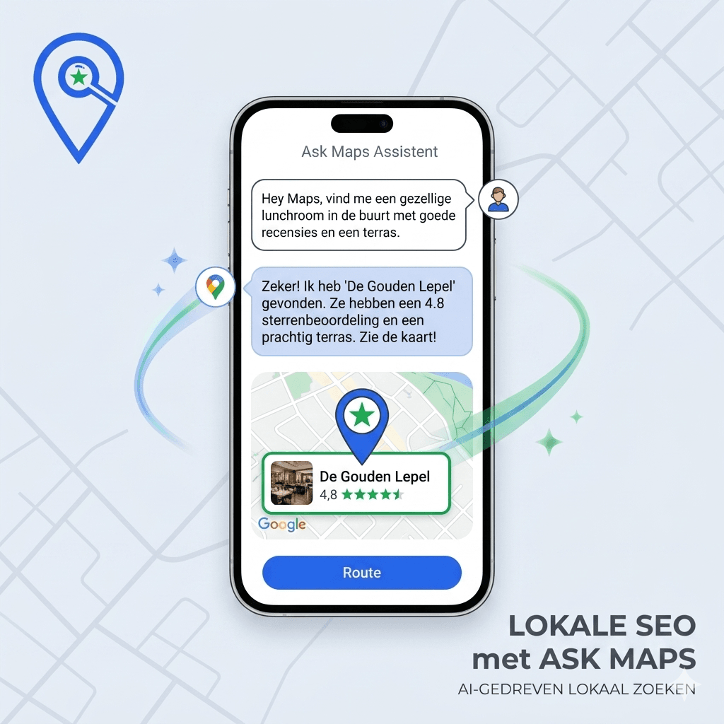 Een mockup van een smartphone met Google Maps open, waarin een gebruiker een specifieke, conversationele vraag typt en de AI direct een lokaal bedrijf als suggestie teruggeeft